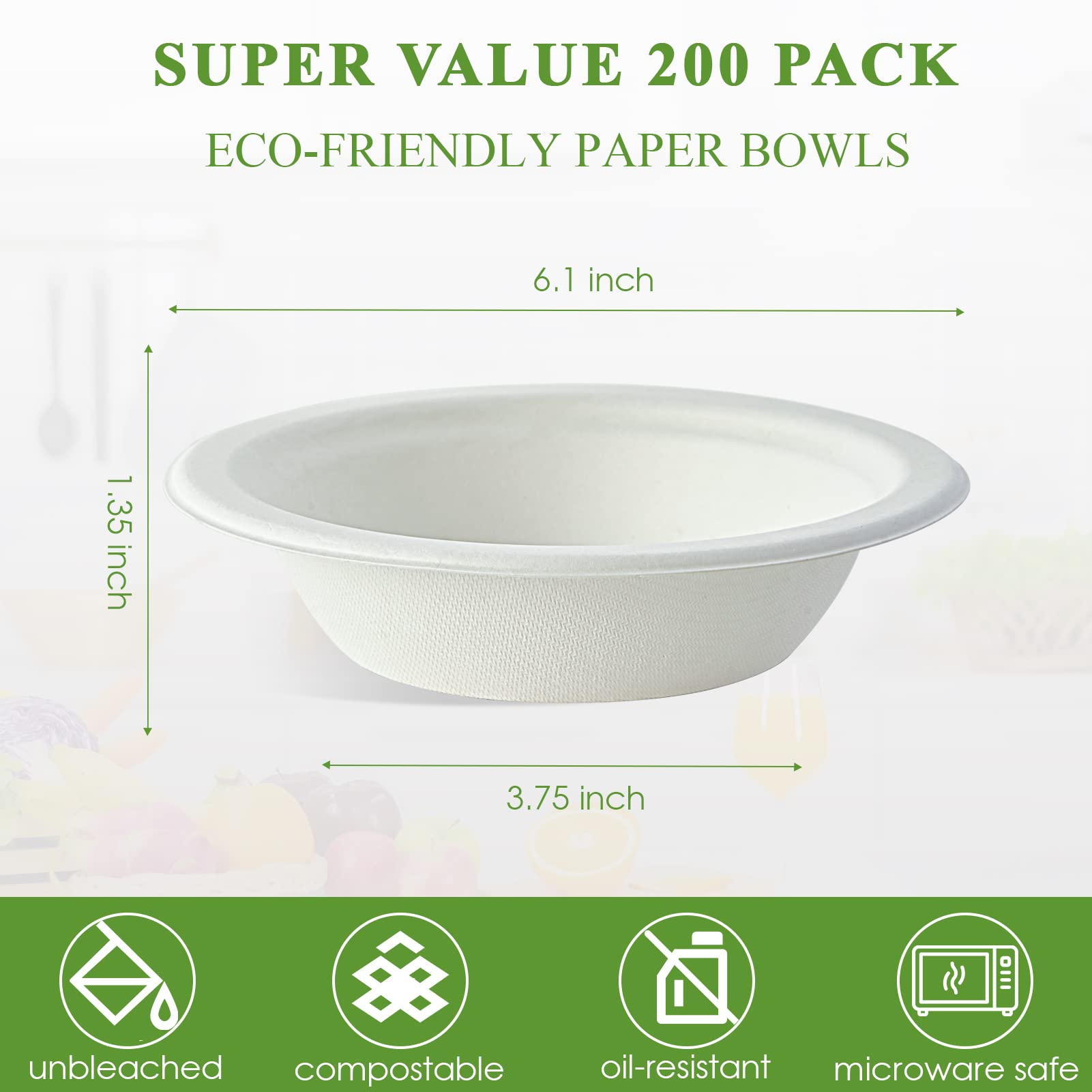 200 Stück 340 ml Papierschalen, kompostierbare Einweg-Schüsseln, umweltfreundliche Bagasse-Schalen, robuste Schüsseln, perfekt für Milch, Müsli, Snacks, Salate