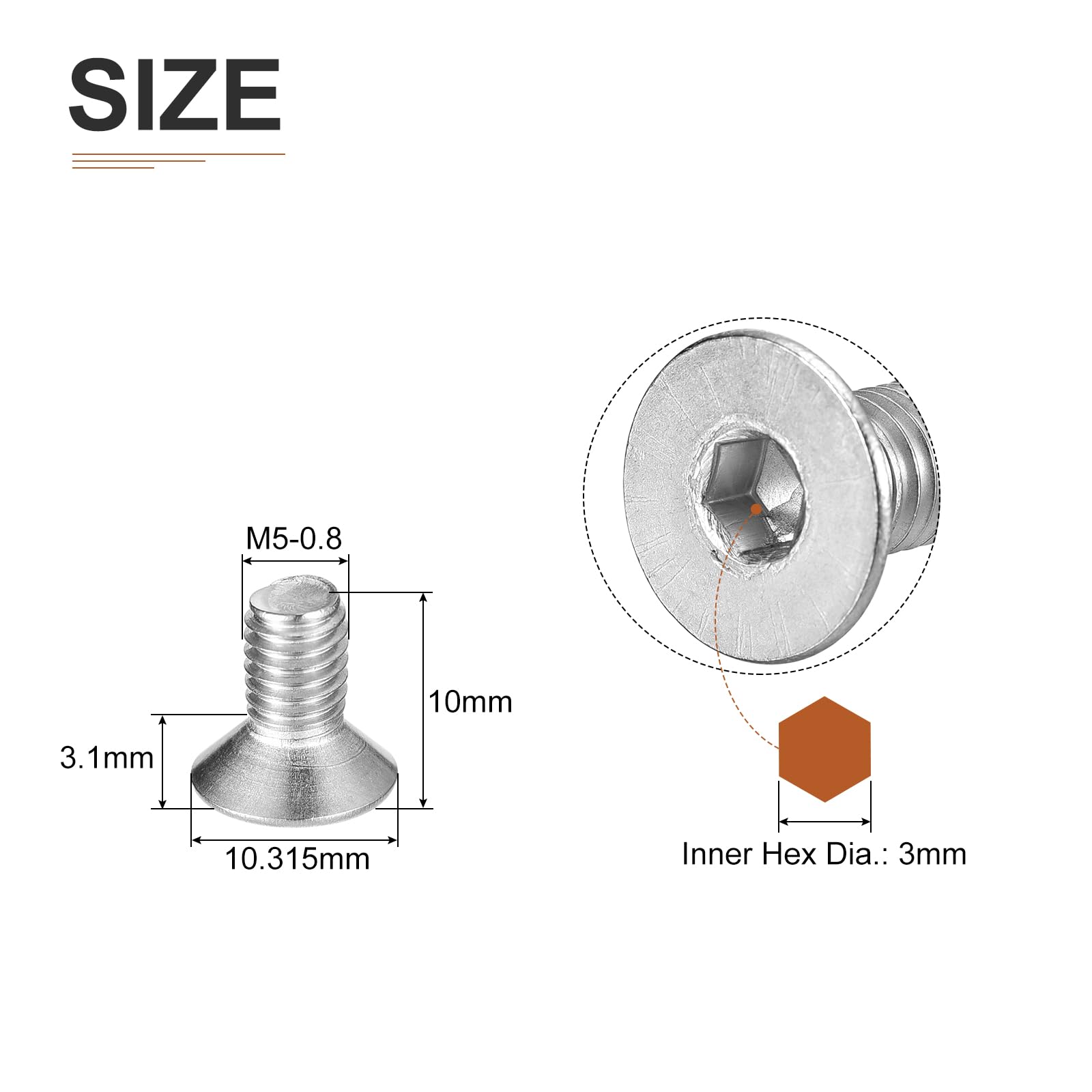 DTGN M5-0.8 x 10mm Flat Head Socket Cap Screws, 100 Pack 304 Stainless Steel Hex Socket Flat Head Screws, Full Thread - Image 2