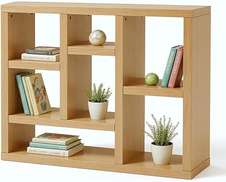 7 Cube Shelf Bookcase Wooden 3 Tiers Floor Standing Low Storage Cabinet Display Shelves for Home Library and Office, 7-Cube Low Lattice Bookshelf Natural Wood