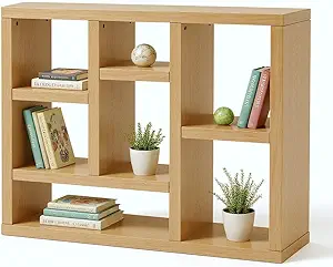 7 Cube Shelf Bookcase Wooden 3 Tiers Floor Standing Low Storage Cabinet Display Shelves for Home Library and Office, 7-Cube Low Lattice Bookshelf Natural Wood