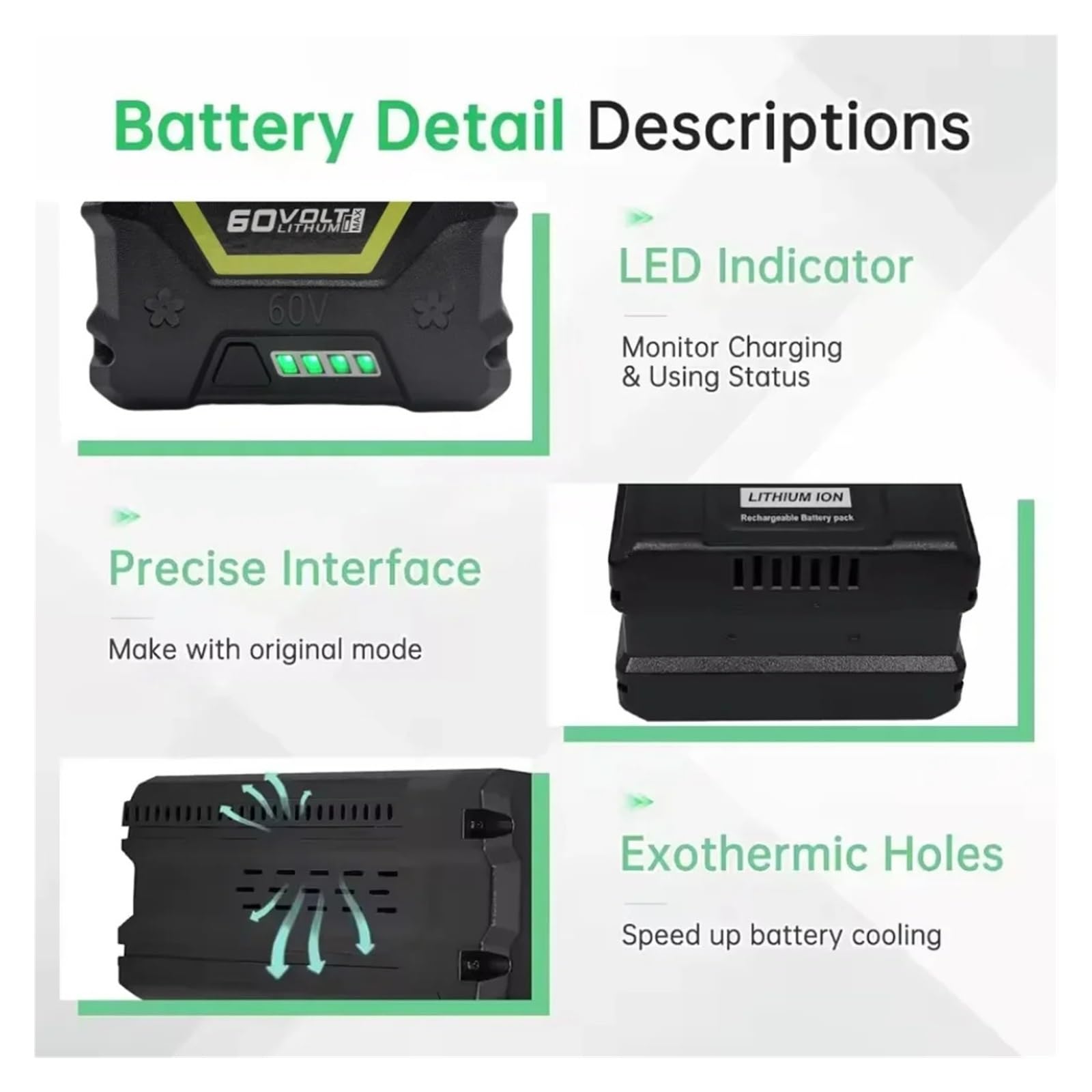 Batería de Iones de Litio de 60 V 6,0/8,0/10,0 Ah Compatible con Greenworks cortacésped sin escobillas y Herramientas de jardinería Pro GD60AB(10000mAh)
