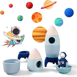 Macabaka Silicone Rocket Toy Set, 5 Pack Baby Stacking Toys with U-Shaped Astronaut Toy, Montessori Pre-School Astronaut Toy, Food Grade Silicone Stacking Rocket Toy for Toddlers 1-3, Astronaut