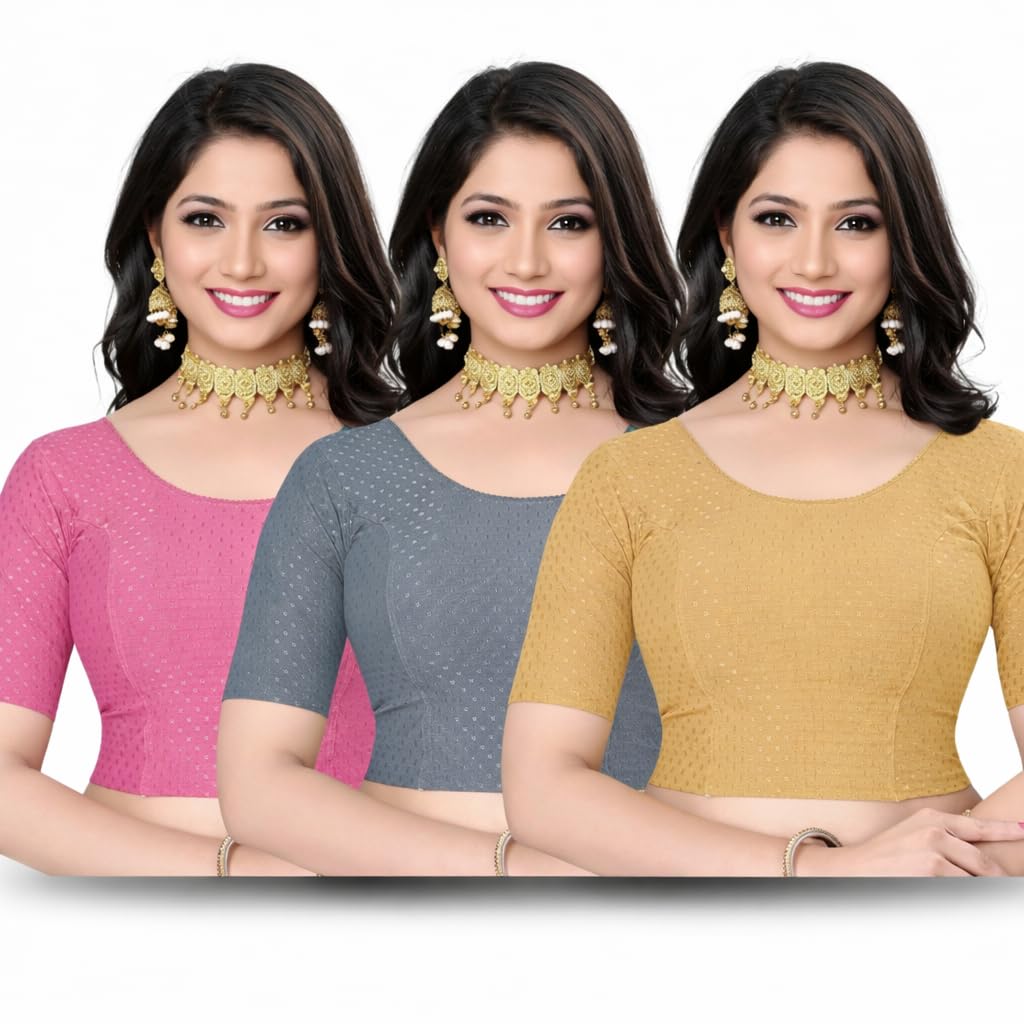 Women Designer Saree Blouse Combo | Readymade Stretchable Textured Blouse | Half Sleeve Ethnic Wear for Party Daily & Festive Use-picture-38