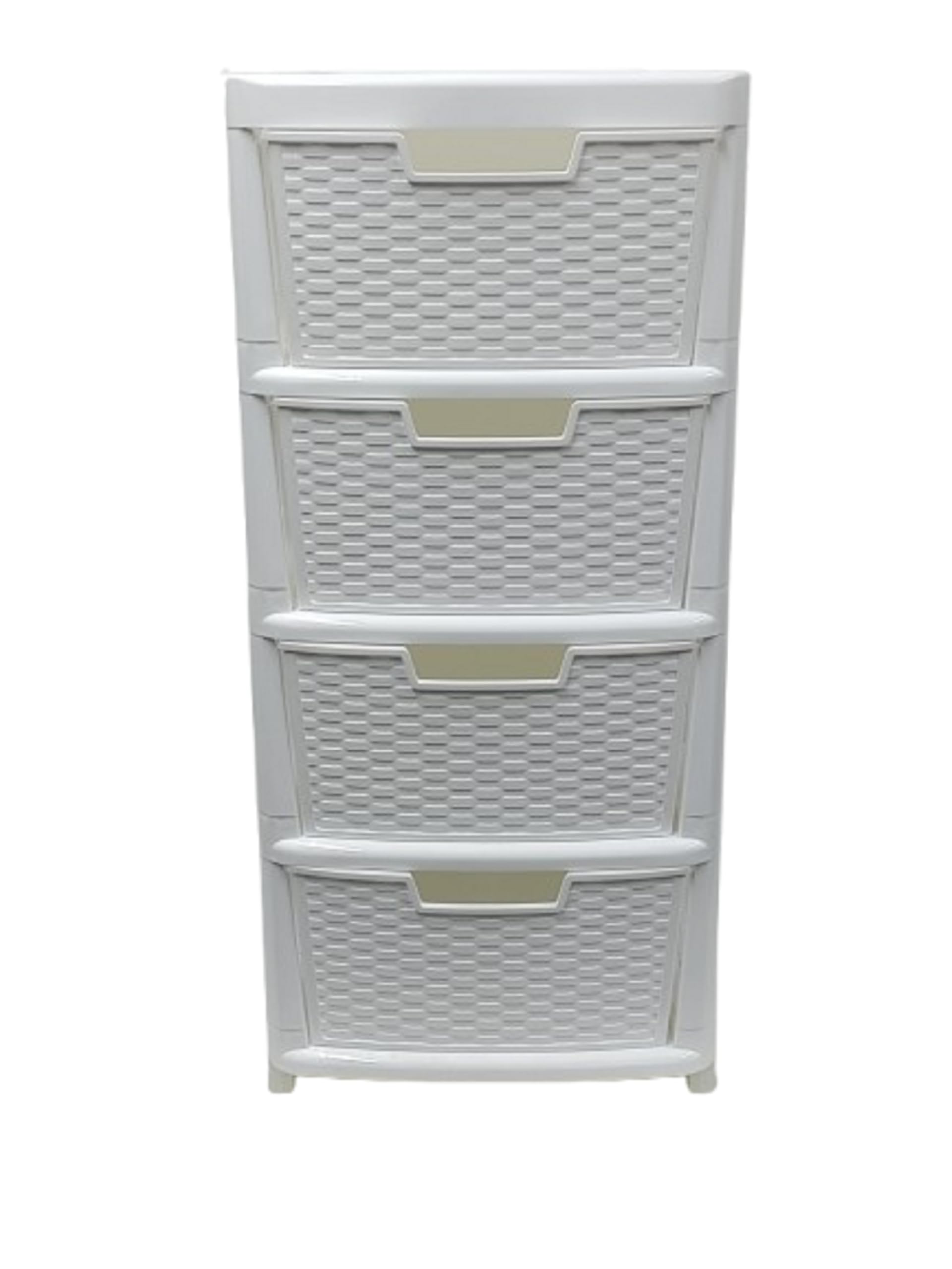 ELMORA'Z Large Storage Drawers Unit Rattan Effects Storage Solution Organizer Tower For Multipurpose Home Kitchen Office Laundry (Rattan White, 4 Tier)