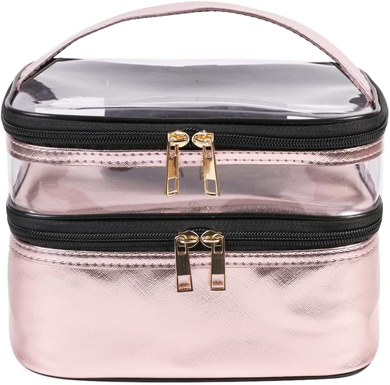 Necessaire de maquiagem FITINI com dois compartimentos, zíper duplo e material transparente, rosa