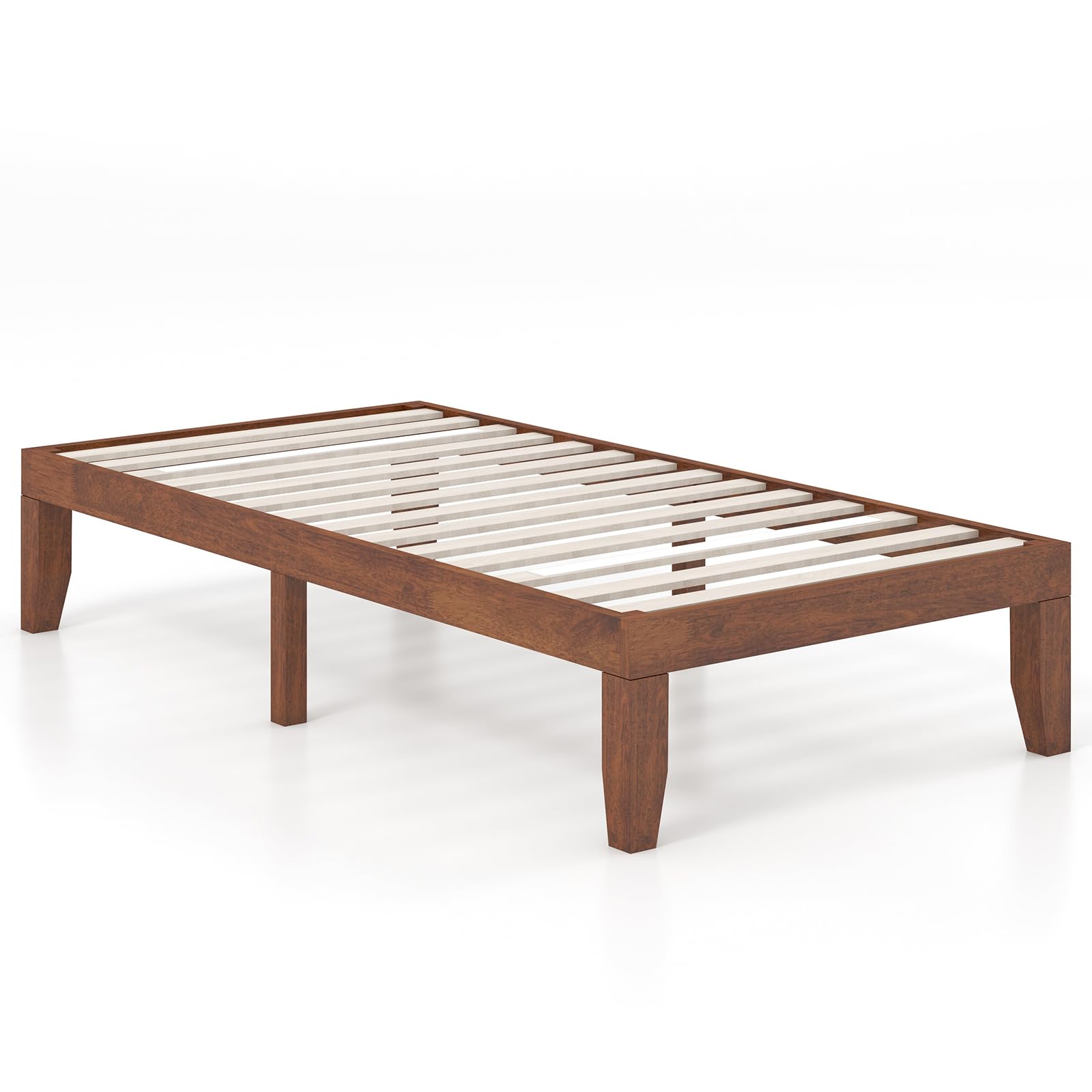 KOMFOTT 14 Inches Wood Platform Bed Frame Twin Size, Wooden Mattress Foundation with Rubber Wood Frame, Strong Wooden Slat Support, No Box Spring
