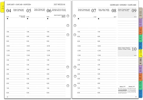 Ricambio Agenda Organizer 2027 Settimanale A5, 6 Fori, Layout Verticale 7:00-20:00 (gennaio-dicembre), Con Divisori Mensile, Nota e Contatto, Carta Spessa 100gr (Multilingue)
