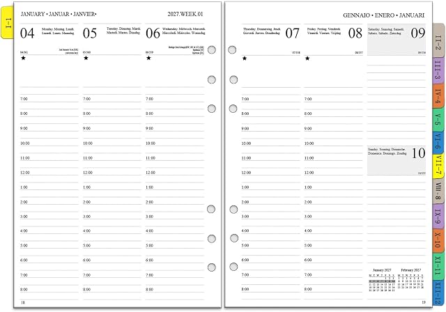 Ricambio Agenda Organizer 2027 Settimanale A5, 6 Fori, Layout Verticale 7:00-20:00 (gennaio-dicembre), Con Divisori Mensile, Nota e Contatto, Carta Spessa 100gr (Multilingue)