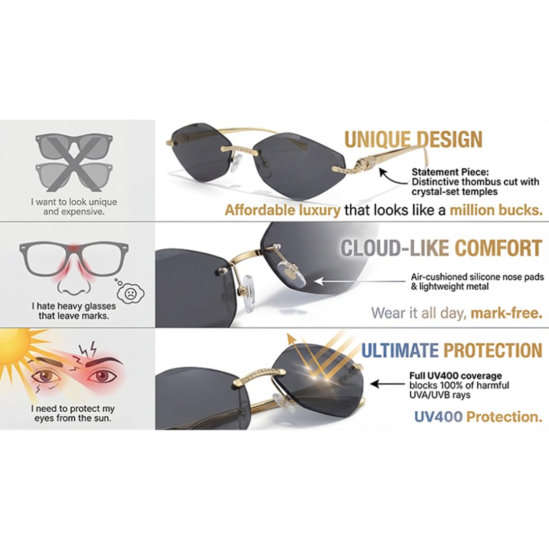 Gafas de sol punk sin montura para hombre, de lujo, con montura metálica, protección UV400.