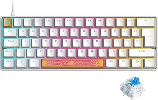 UK Layout 60% Mechanical Gaming Keyboard Type C Wired 61 Keys LED USB Waterproof Keyboard 14 Chroma RGB Backlight Anti-ghosting Keys+Extra Keycaps for Computer/PC/Laptop/MAC (White/Blue Switch)