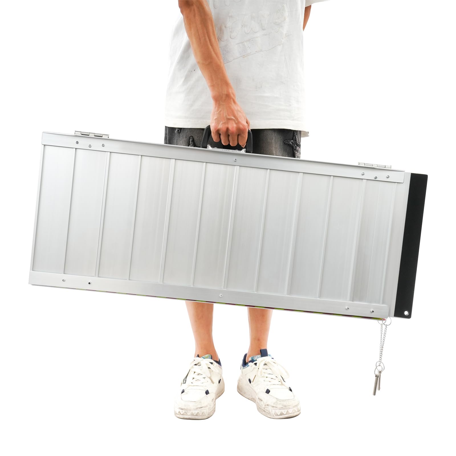 Rampa plegable para silla de ruedas de 72 x 91 cm, de aleación de aluminio, rampa para escalones, portátil de hasta 272 kg, rampa telescópica antideslizante con bandas reflectantes y asa para