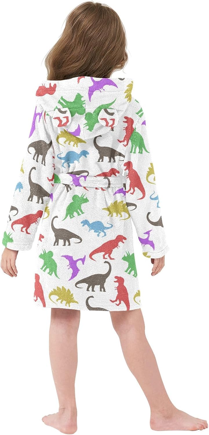 Colorful Dinosaur Pattern Toddler Hooded Bathrobe for Boys Girls Soft Plush Bath Towel Robe 2-12 Years