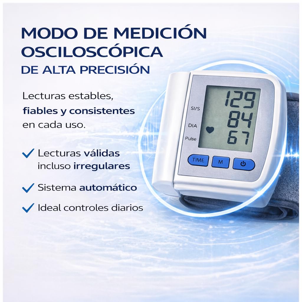 Tensiómetro de Muñeca Digital Automático - Medidor de Presión Arterial - Monitor de Ritmo Cardíaco - Medición Rápida y Precisa con Memoria de Datos - Compacto y Portátil - (No incluye pilas)