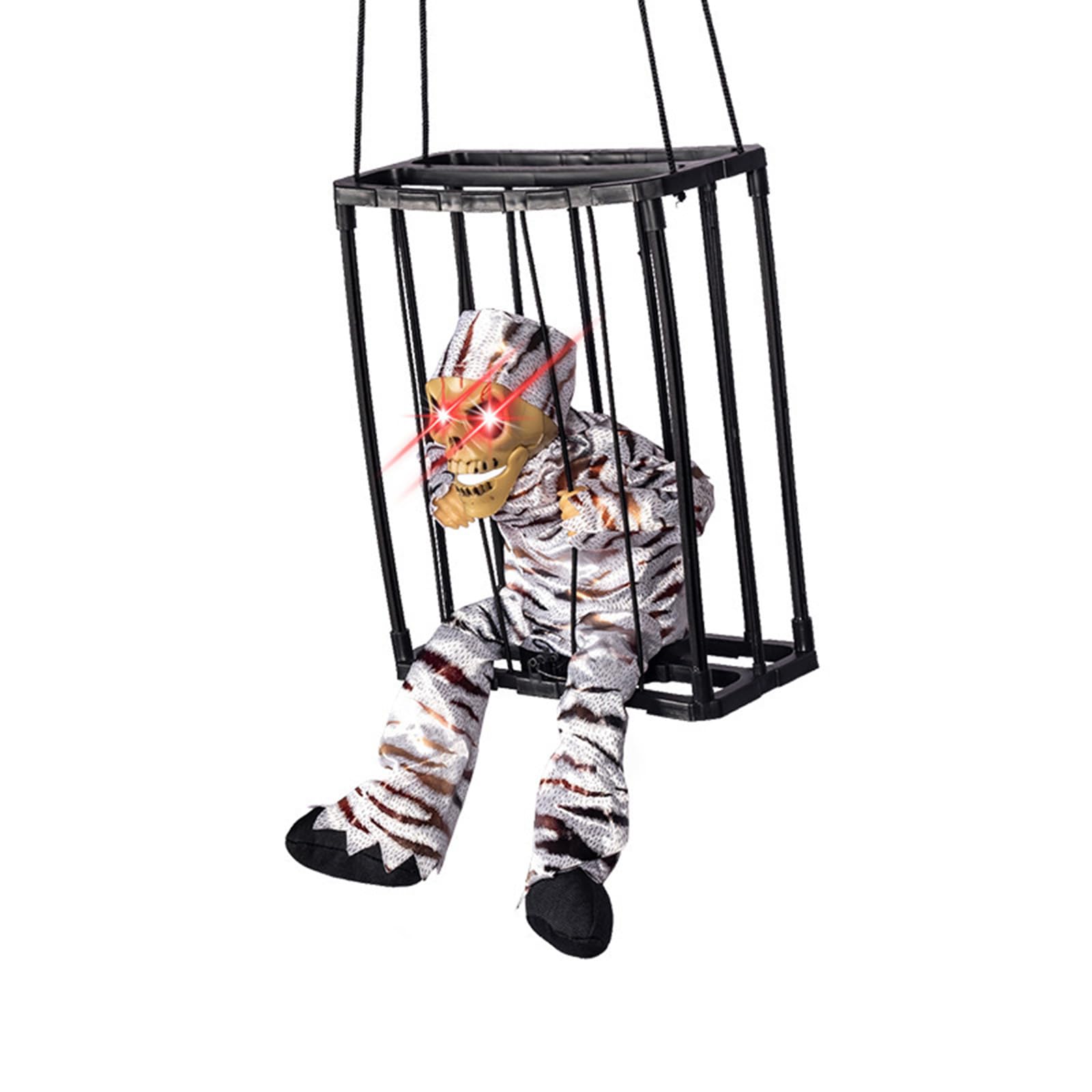 GGXDH Screaming Skeleton Prisoner Halloween Decorations with Motion Sensor, LED Light Up Eyes & Spooky Sound, Halloween Animatronics Hanging Ghost Cage for Indoor Outdoor Haunted House Decor (E)