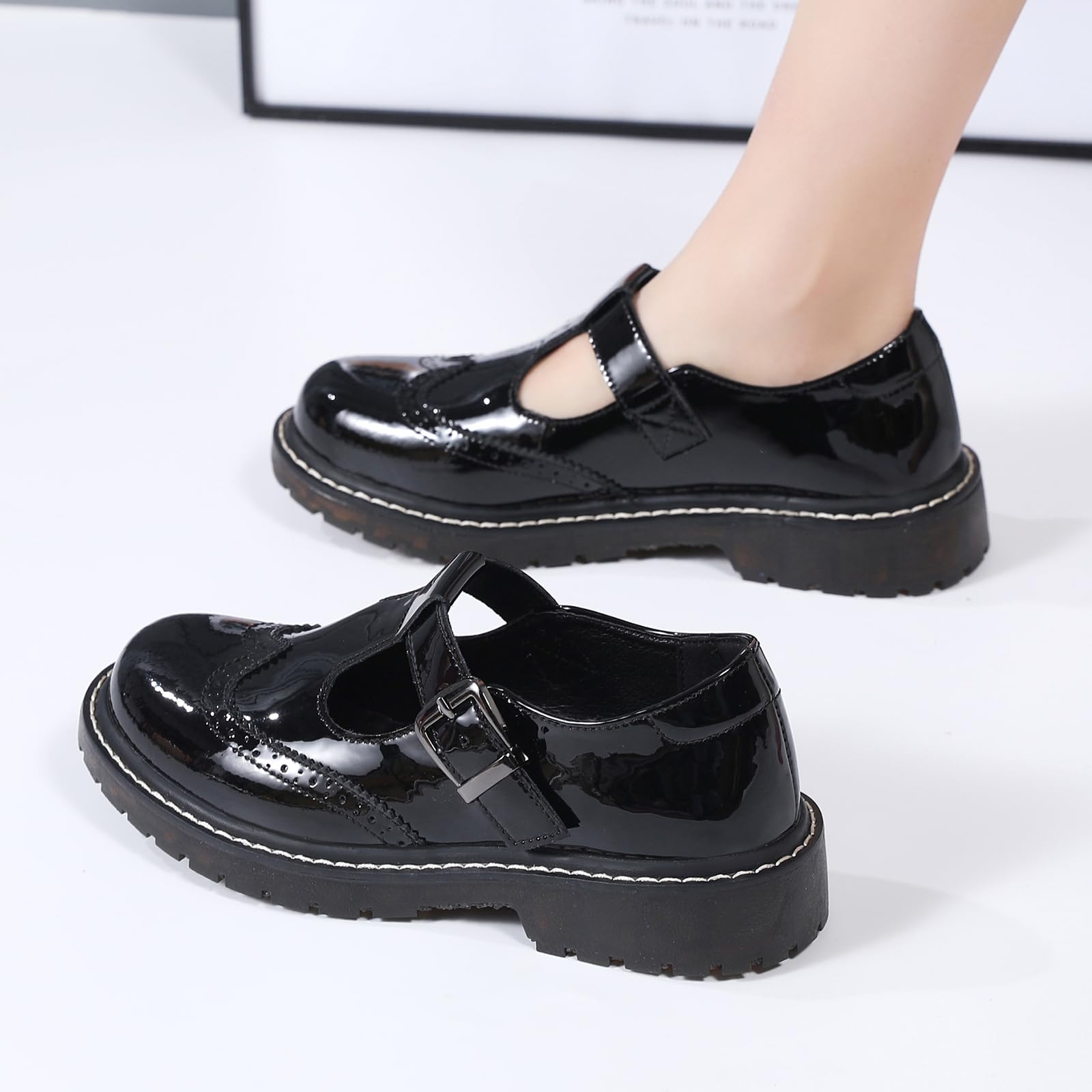 XMM Mary Jane Shoes Women Oxford Shoes Leather Round Toe Flats Non-Slip Ankle Buckle Strap Comfort Casual Dressy Cosplay Party School Work Shoes