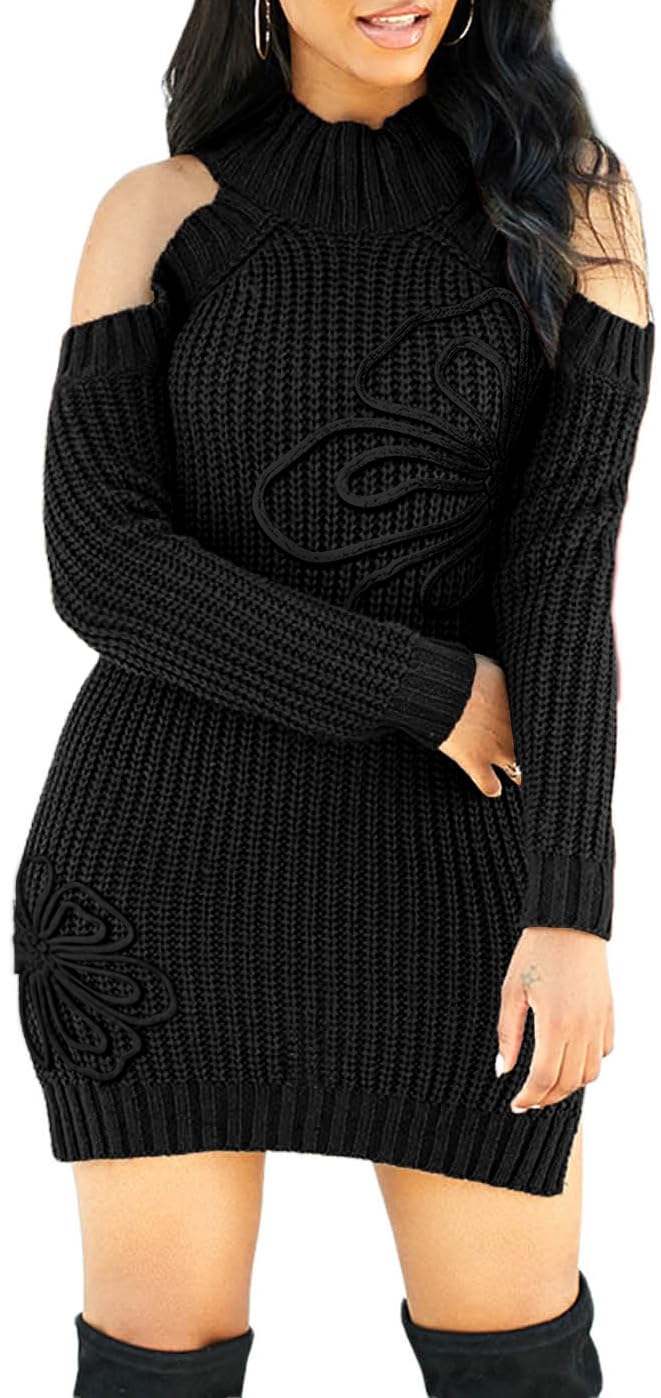 SxClub Women's Winter Sweater Dresses Sexy Cold Shoulder Pullover Dress