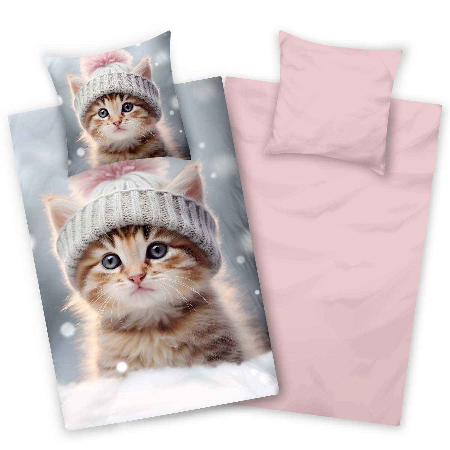Aminata kids - Biberbettwäsche 135x200 Katzen-Motiv für Mädchen, Rosa grau, 100% Baumwolle, Reißverschluss - Warm, Weich & Kuschelig - Flanellbettwäsche