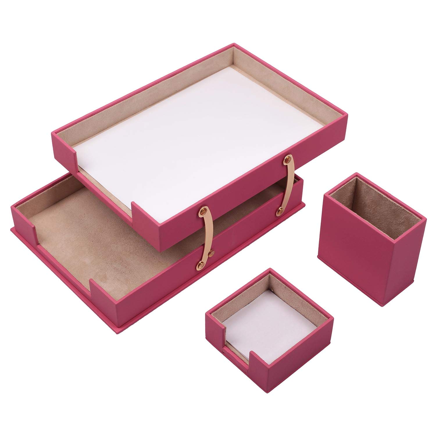 Leather Desk Set, 10 Pieces, Double Document Tray, Desk Organizer (Pink)