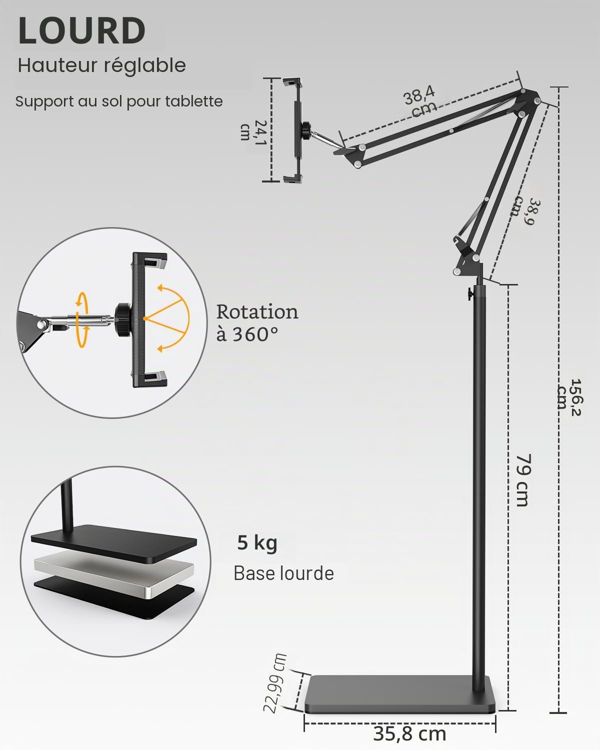 Support Tablette de Sol avec Base 5KG et Pince de Bureau, Support de Bras Pliable à Angle Réglable en Hauteur, Compatible avec iPhone, iPad Pro Air Mini, Galaxy Tab, Kindle(4,5''-13'')
