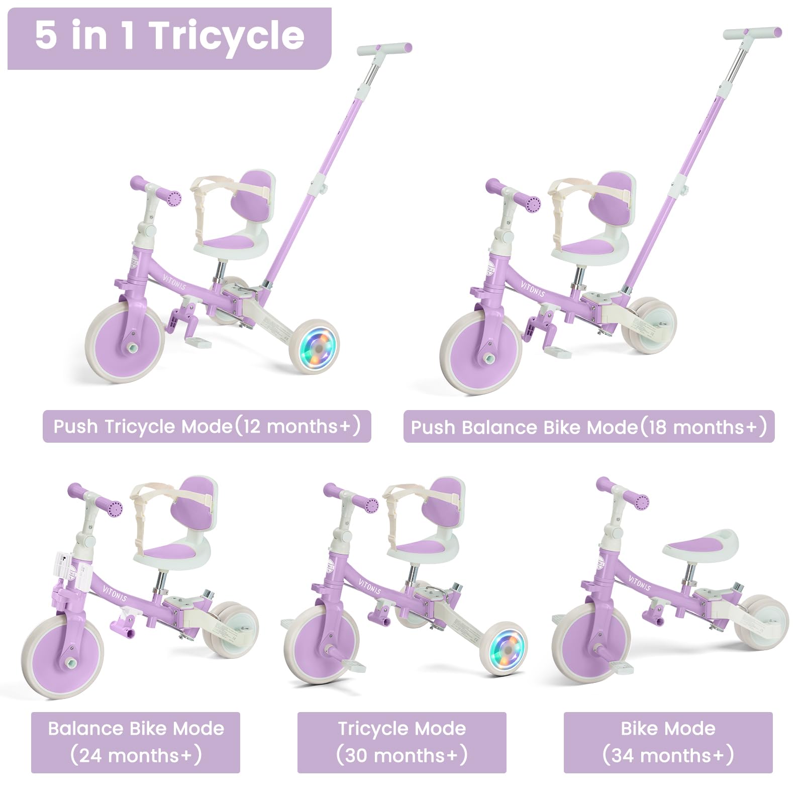 VITONIS Triciclo Infantil 5 en 1 para niños de 18 Meses a 5 años, con Ruedas Luminosas, Barra de Empuje, Respaldo y cinturón de Seguridad, Regalo para niños y niñas, Bicicleta sin Pedales, Morado