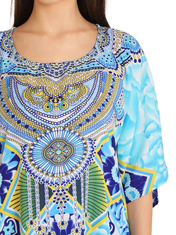 Image of Miss Lavish London Kaftan for Women Dress V Neck Summer Swimsuit Cover Up Blue Caftan Maxi Beach Dress, Plus Size African Kaftan with Batwing Sleeves, Side Slit & Pockets on Both Sides-Blue-S