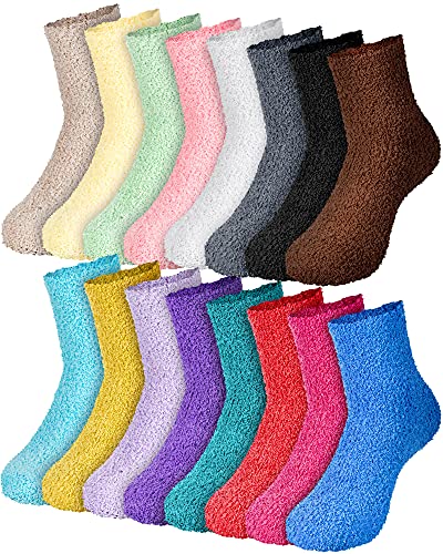 SATINIOR 16 Pair Fuzzy Sock Women Fluffy Cozy Slipper Sock Colorful Plush Warm Ankle Stocking for Unisex Home Sleep Size 4-10