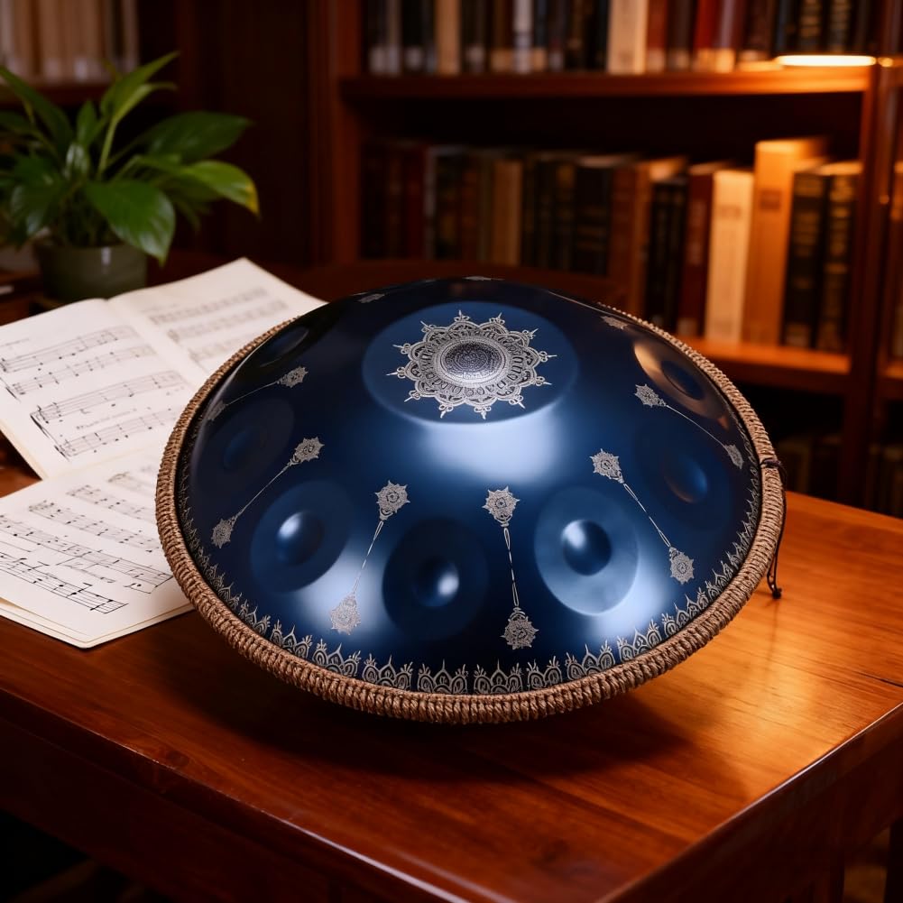 Schlaginstrument, 440 Hz, Durchmesser 56 cm, Stahlzungentrommel, D-Moll, 10 Noten, Handpan-Trommel mit Mandala-Muster (Blau mit Mandala-Muster)