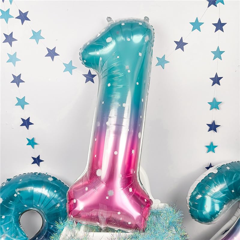 Image of 40 Inch Blue Pink Number 1 Balloon for 1st Birthday Decoration, Large Rainbow Mermaid Mylar Foil Number Balloons 0-9 for Girl, Starry One Helium Balloons for Women 1st Anniversary Magic Party Supplies