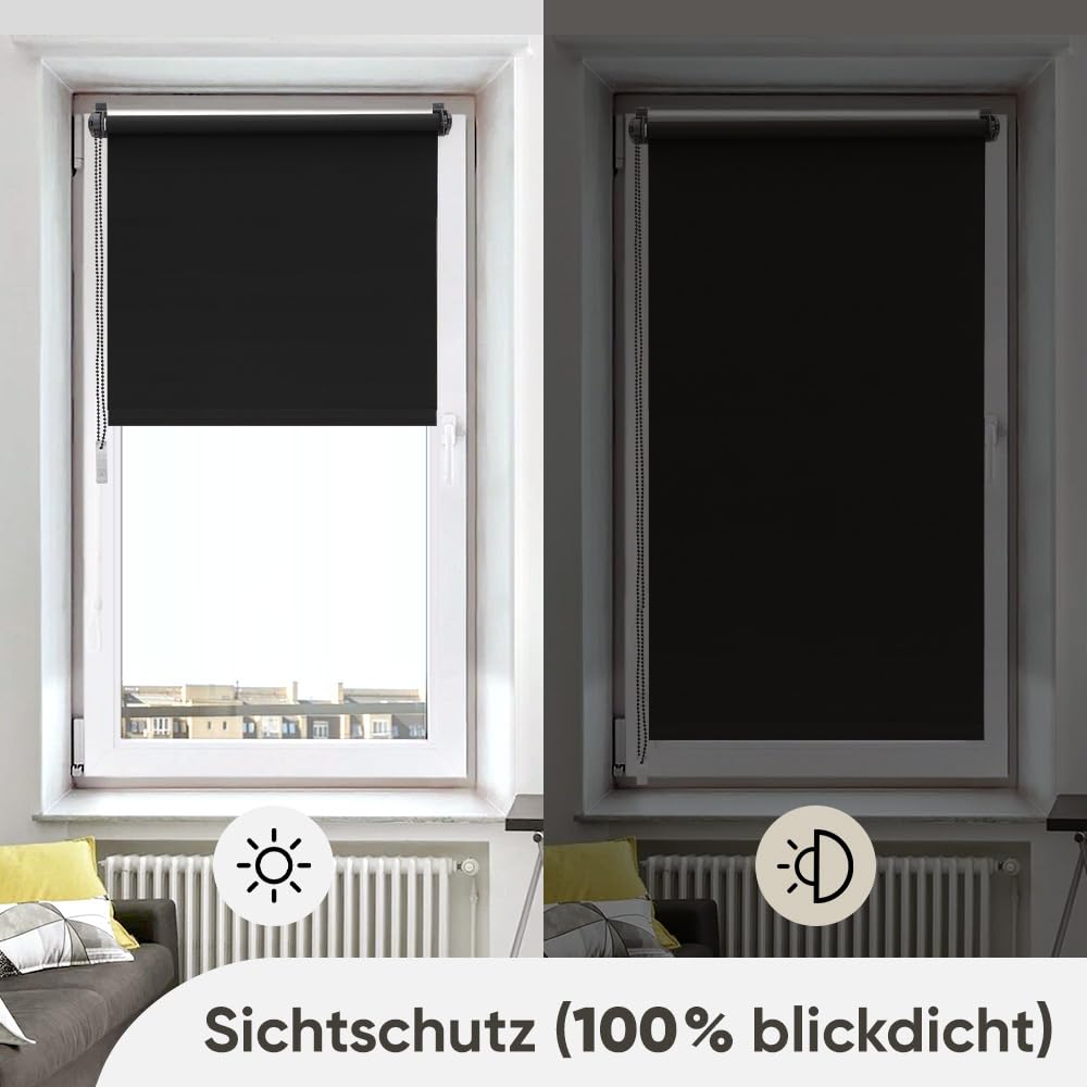 Sekey Verdunklungsrollo ohne Bohren Klemmfix 130 cm breit, Seitenzugrollo Hitzeschutz Sichtschutz und Sonnenschutz Wandmontage Deckenmontage Klemmrollo für Fenster & Tür, 130 x 150cm, Schwarz