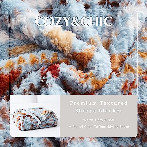 CASAAGUSTO Boho Sherpa Blanket,Teal Aztec Twin Blanket, Ultra Soft, Warm, Cozy, Plush, Thick Fleece Western Blanket for Couch, Bed, Sofa (Blue Grey 60 * 80 Inch)