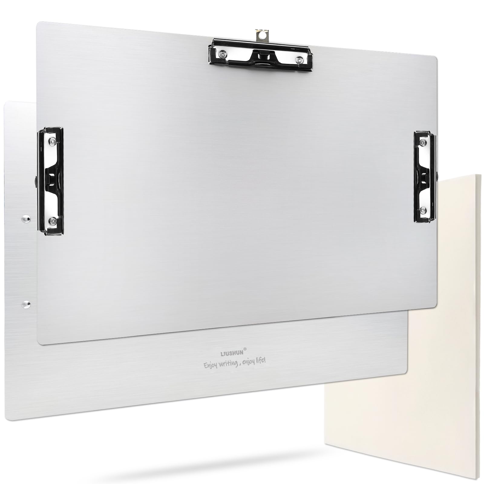 Klemmbrett mit drei Clips, Aluminium, 28,9 x 43,2 cm, Metall, Edelstahl, hängbar, Kunststifthalter, extra großes Klemmbrett für Business, Mediziner, Werkstatt (Silber, A3-3Clip)