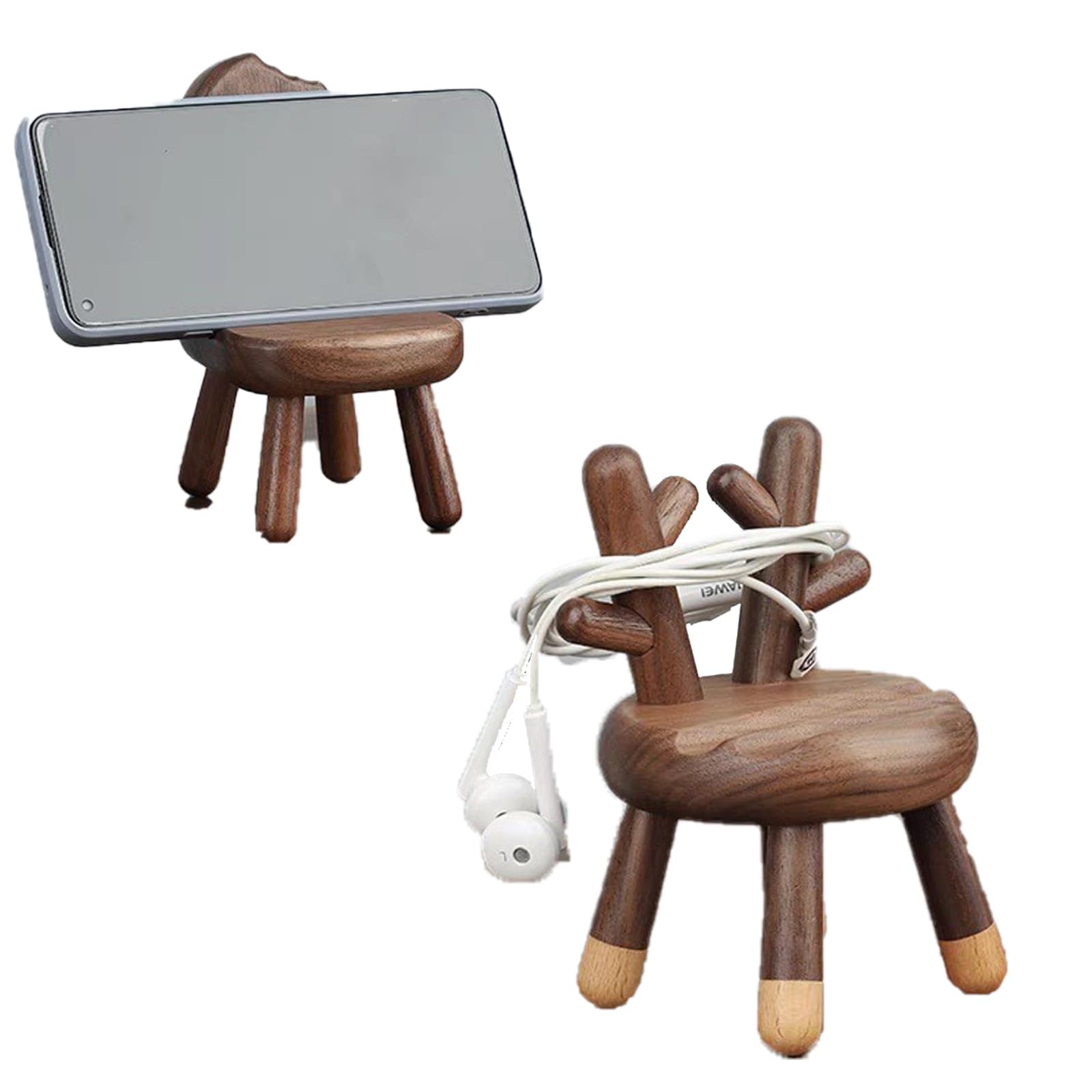 Creative Walnut Wood Phone Stand, Adorable Handcrafted Headphone Holder for Office, Unique Handmade Gift Decoration for Home (Deer)