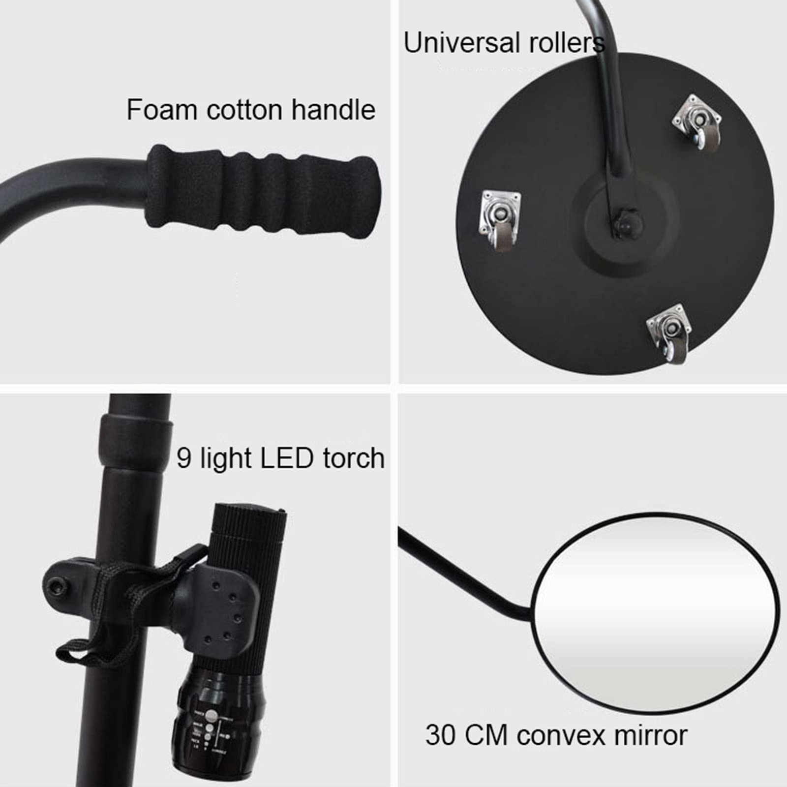 Espejo de Seguridad de inspección Debajo del vehículo, Espejo de detección portátil Debajo del vehículo Espejo de 30cm de diámetro con Ruedas Luces led, Conveniente para los vehículos del Aeropuerto,