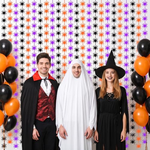 Image of TONIFUL 2Pcs Black Orange Purple Spider Cutout Metallic Foil Fringe Curtain | 3.3ftx6.6ft Photo Booth Backdrop Door Tinsel Streamers Curtains, Props for Halloween Birthday Haunted House Party Decorations
