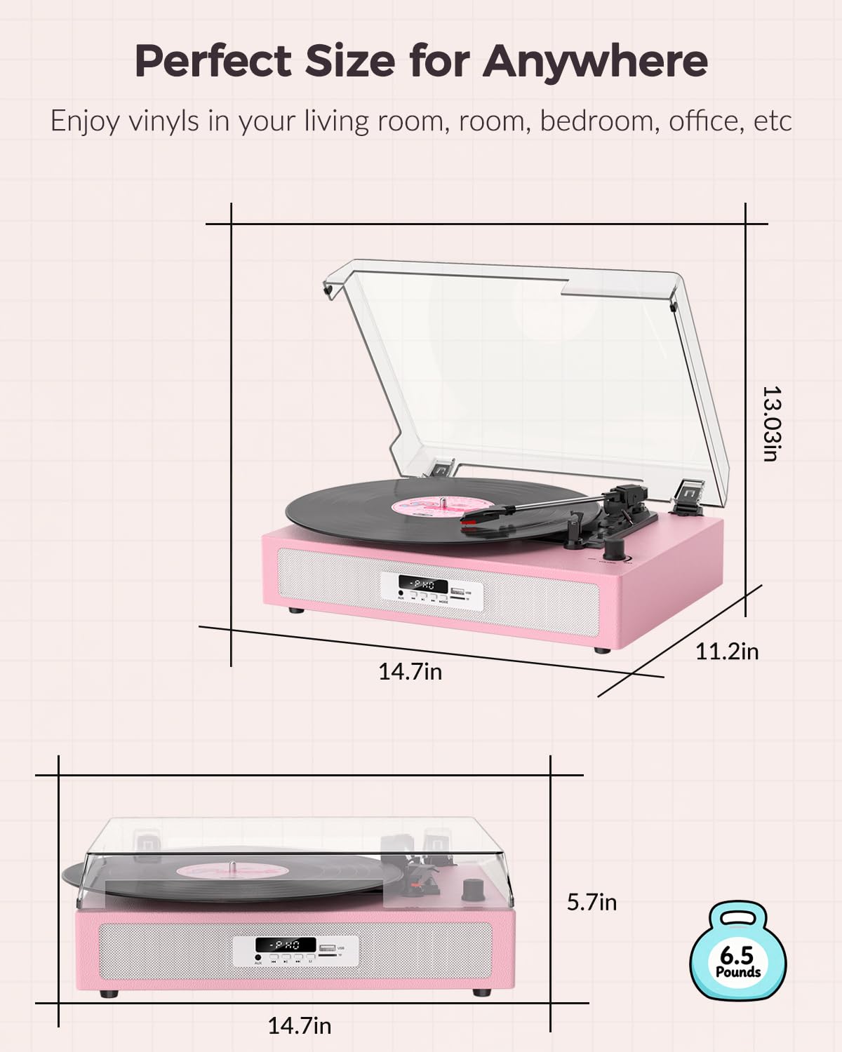 Giradischi in vinile con doppio altoparlante stereo integrato, giradischi vintage a 3 velocità, giradischi Bluetooth con modalità audio EQ, registrazione e riproduzione USB/TF, display LED