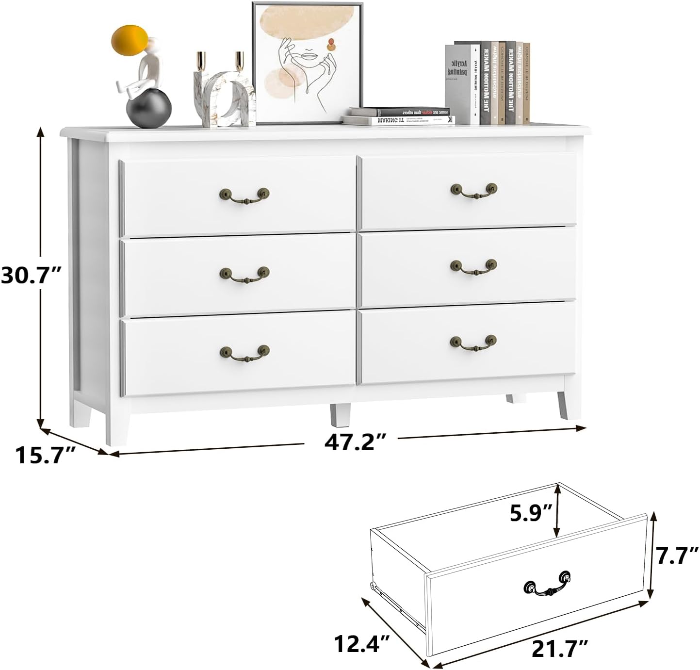 Dimensions of the HOUROM 6-Drawer Dresser