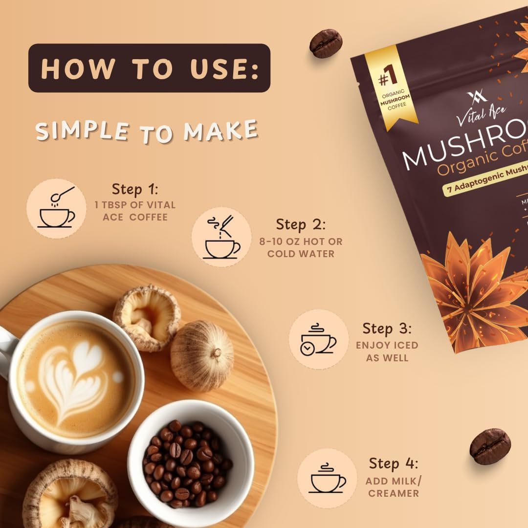 Mushroom Coffee with 7 Adaptogenic Mushroom | USDA Organic Enhanced Energy, Focus and Immunity with Cordyceps, Reishi, Shiitake, Lion's Mane & Turkey Tail | 30 Servings + Free FROTHER - Image 5