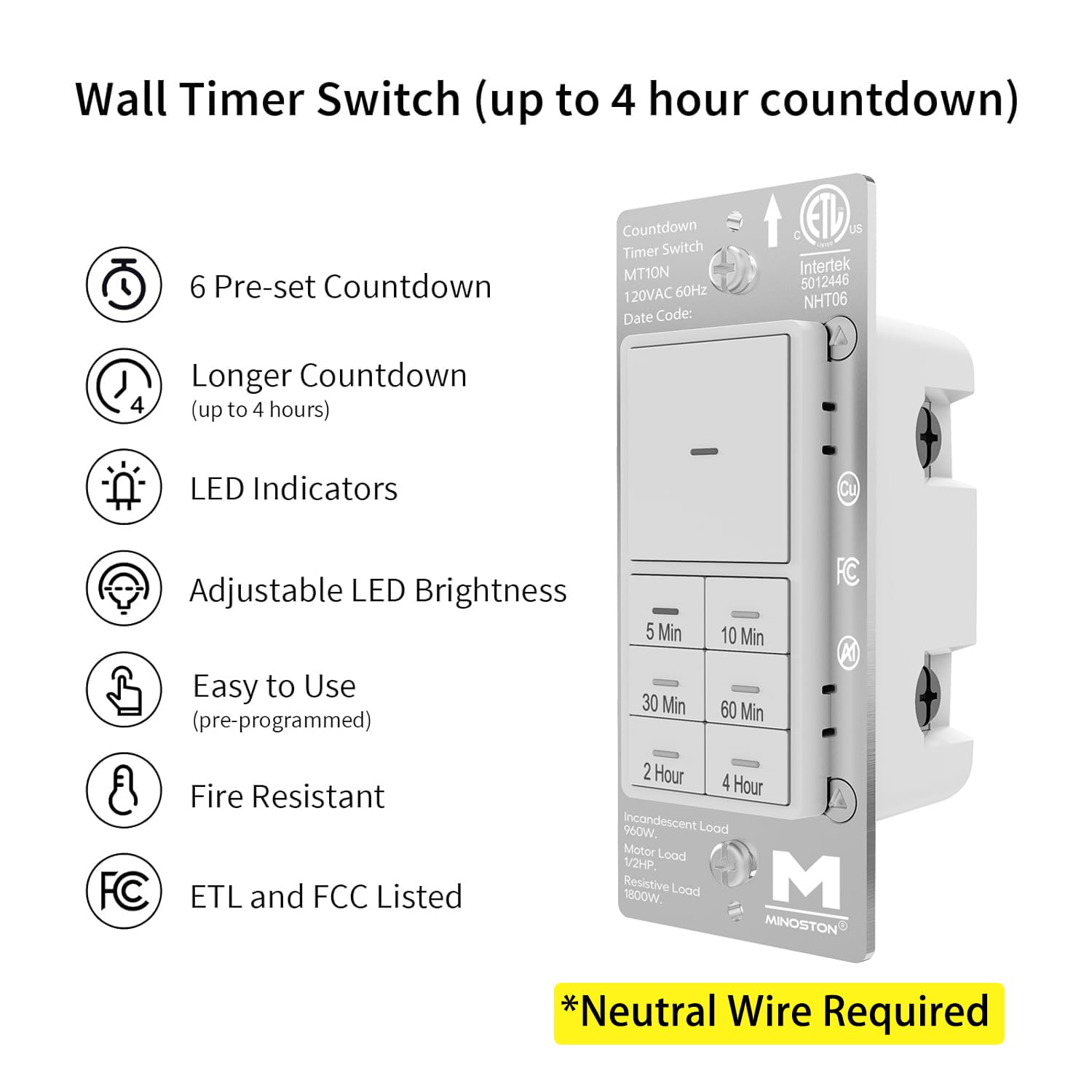 Minoston Zeitschaltuhr, 2-4 Stunden, 5-10-30-60 Minuten, mit dimmbarer LED-Anzeige, benötigt neutrales Kabel, Countdown-Schalter für Beleuchtung, Badezimmer