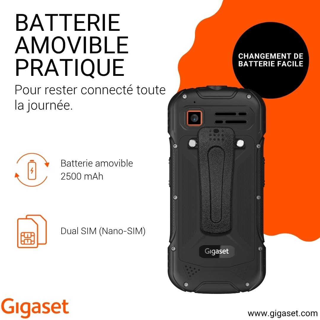 Gigaset GLX8 Plus Téléphone Portable à Touches 4G Robuste IP68 Double SIM Bluetooth 5.0 Écran LCD 2,4" Noir/Orange