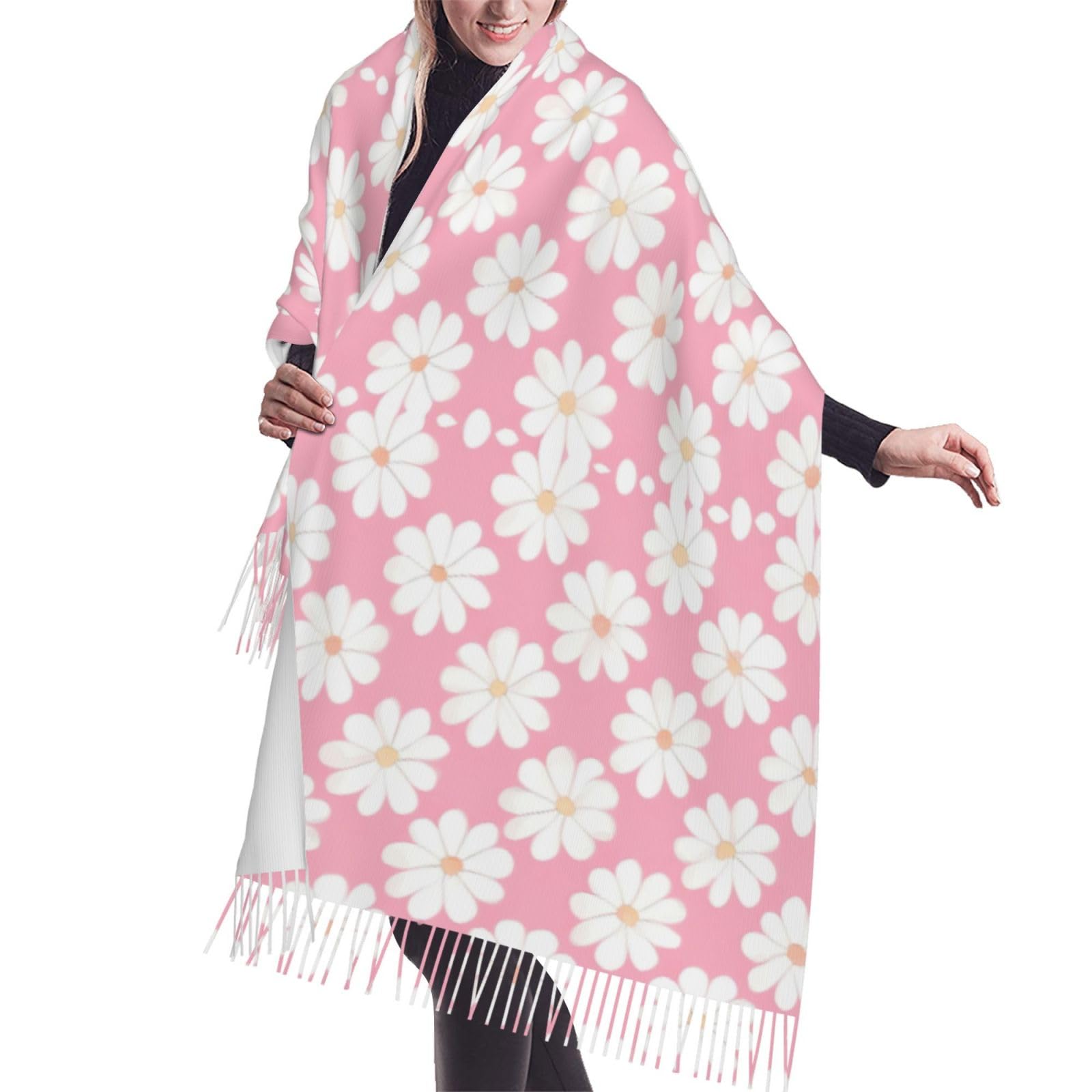 Camellia pattern Scarf Classic Soft Fringed Scarf Long Shawl for Women.