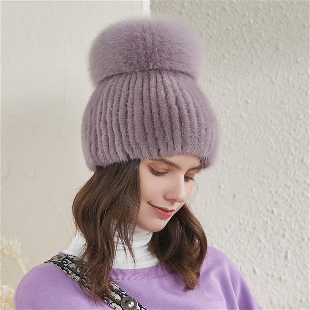 KMMBBTY Sombreros de Invierno de Piel de visón para Mujer con Gorro de Punto con Pompones, Gorro Femenino de elásticos cálidos a la Moda