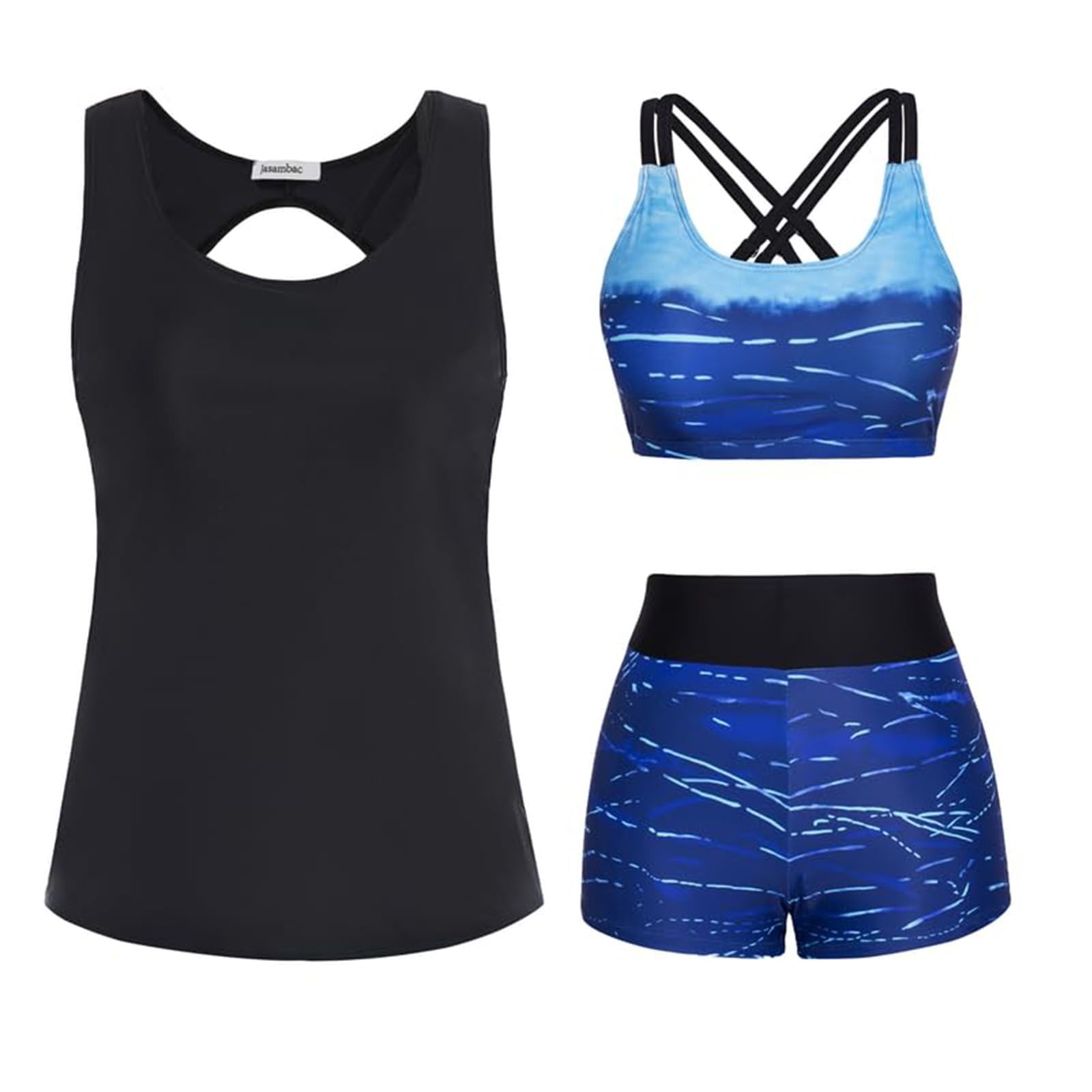 3-teiliger Tankini Damen Bauchweg Push-up - High Waist Badeanzug Sport Bademode