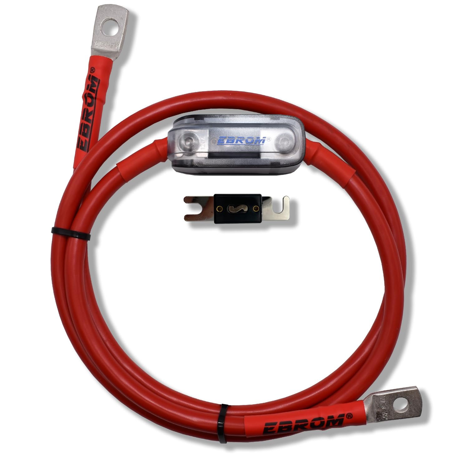 EBROM Batteriekabel SET 50 mm² je 60cm, M8+M8 Schuhe, 200A ANL Sicherung | von 60cm bis 10m, MASSEKABEL schwarz - PLUSKABEL rot, 50 mm2, ANL Sicherungshalter + Sicherung + DIN46235 Kabelschuhe