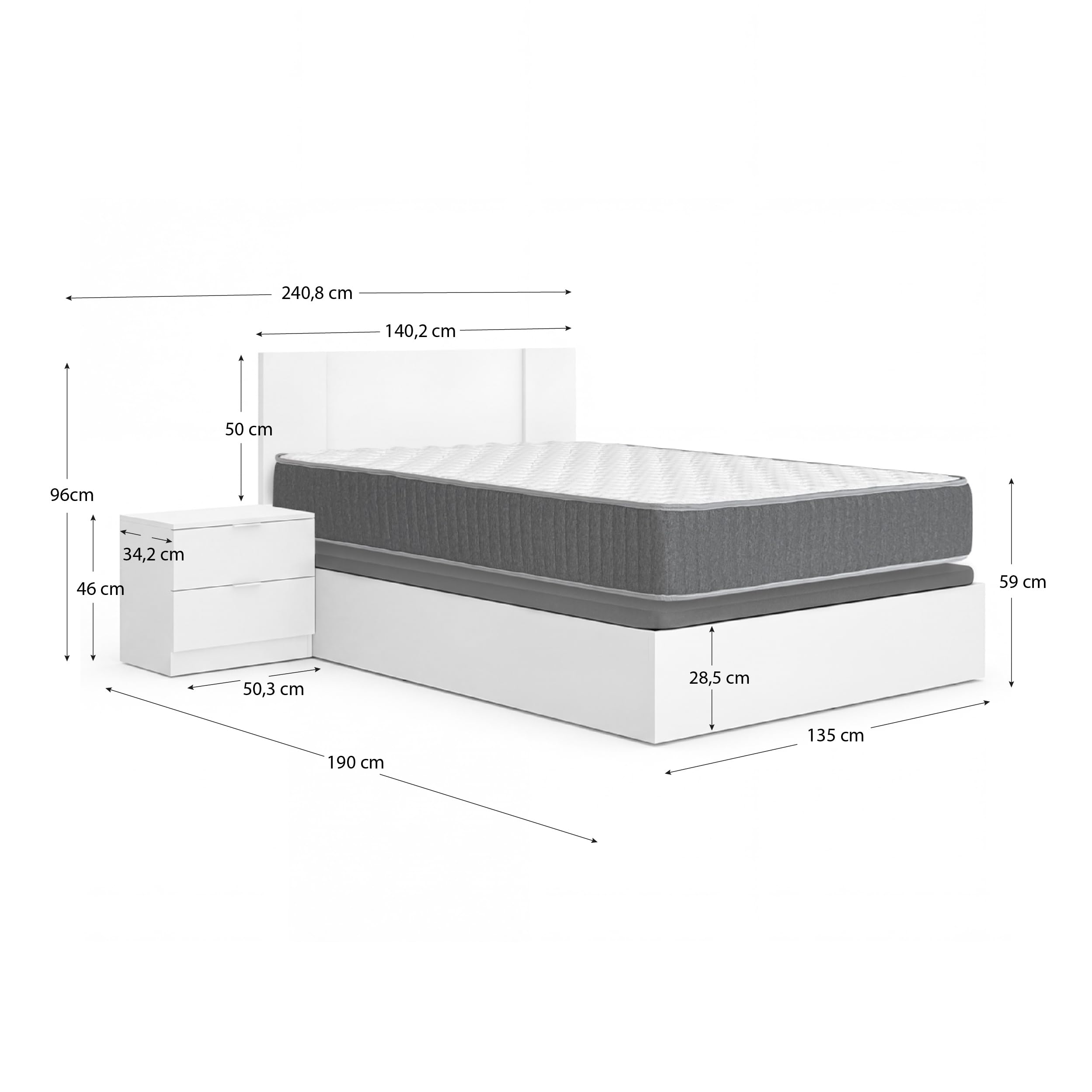 DEKIT - Pack Ahorro Dormitorio Canapé Nest con Cabezal Flow con 1 Colchón viscoelástico con muelles ensacados Aurea 135 x 190cm