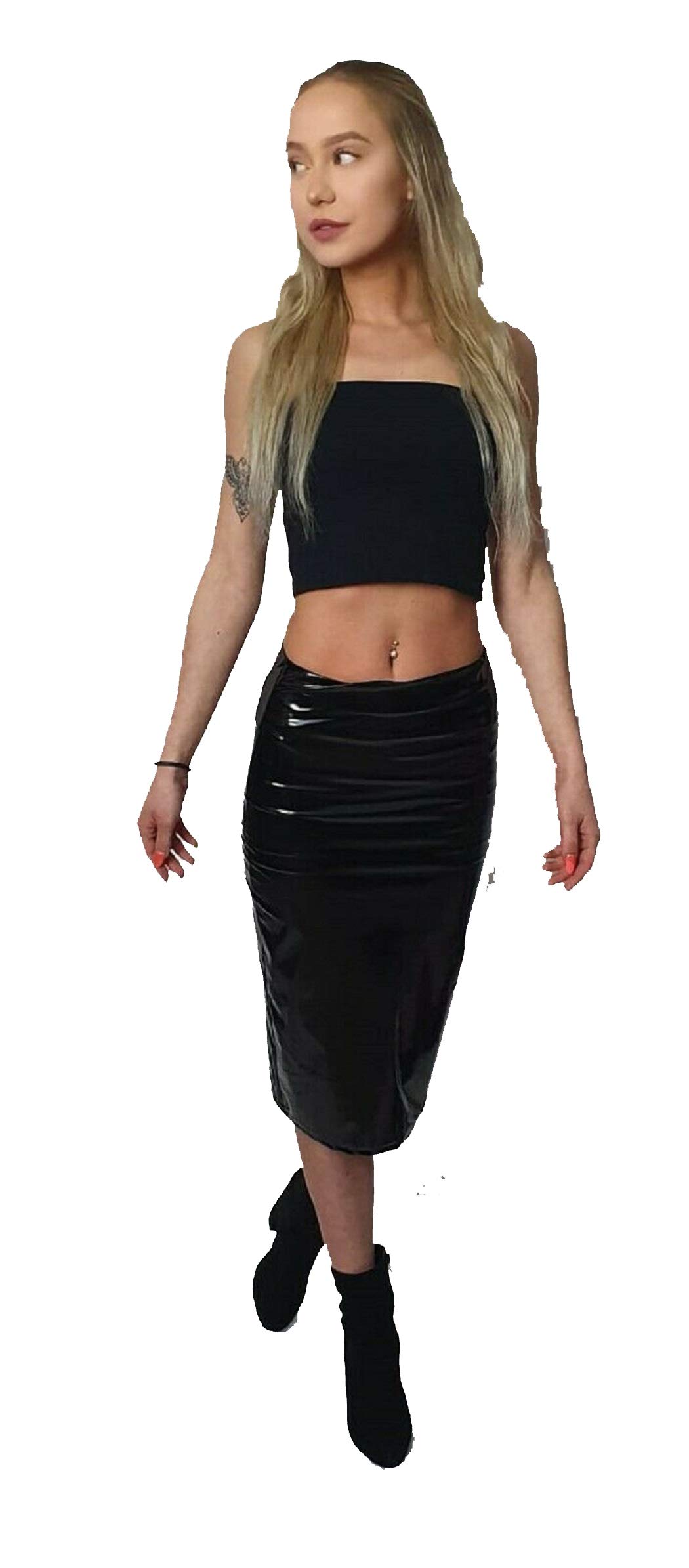 Biwtup Women's Black Pu Vinyl Bodycon Midi Skirt Night Out Party Wet Look Pencil Skirt (, Uk 12-14 M/L)