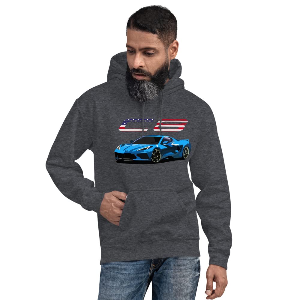 2021 2022 Rapid Blue sports car 'vette C8 Patriotic Graphic Hoodie Pullover Sweatshirt | Car Lover Pullover