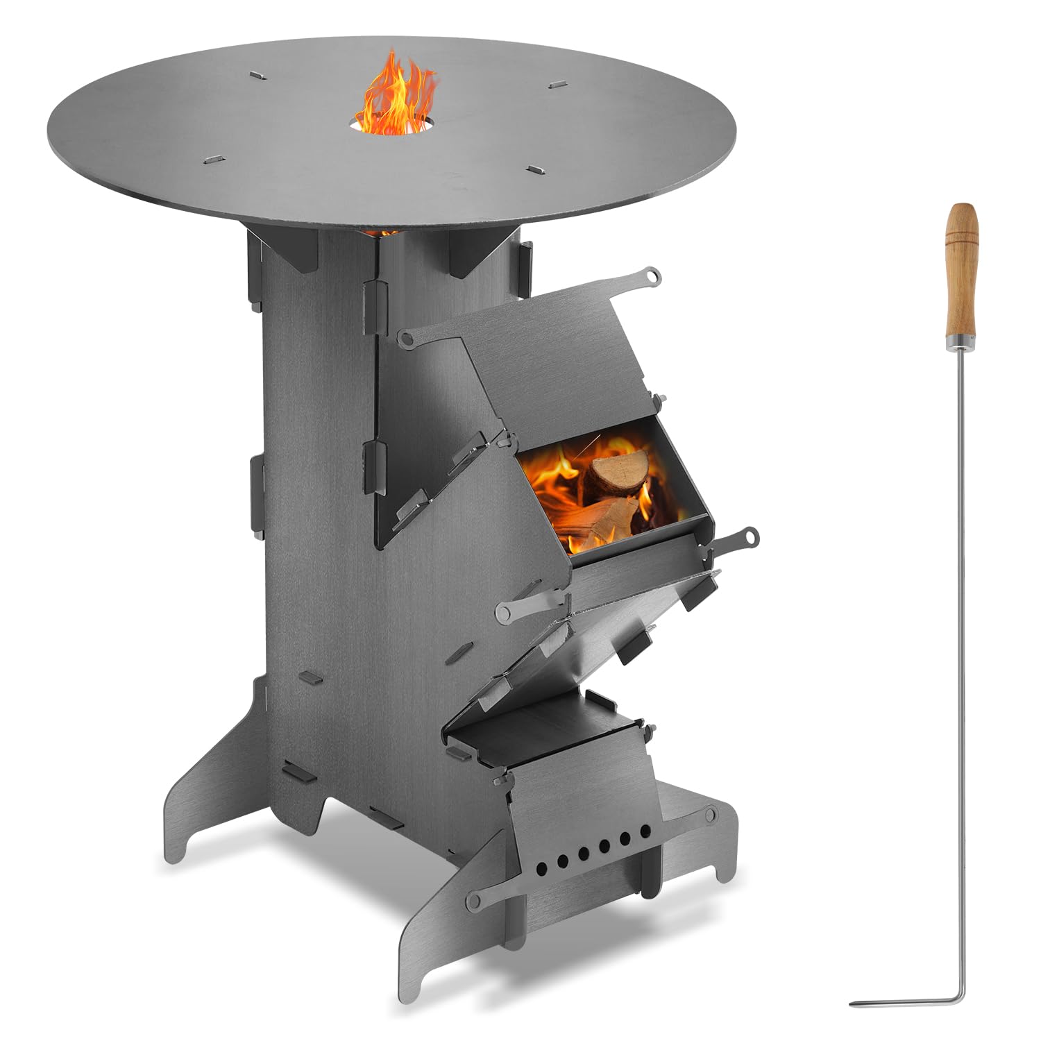 Raketenofen mit Grillplatte und Feuerhaken, Rocket Stove Outdoor, Stecksystem, 3 mm dickem Stahl, Holzofen Campingofen Pelletofen für Dutch Oven BBQ