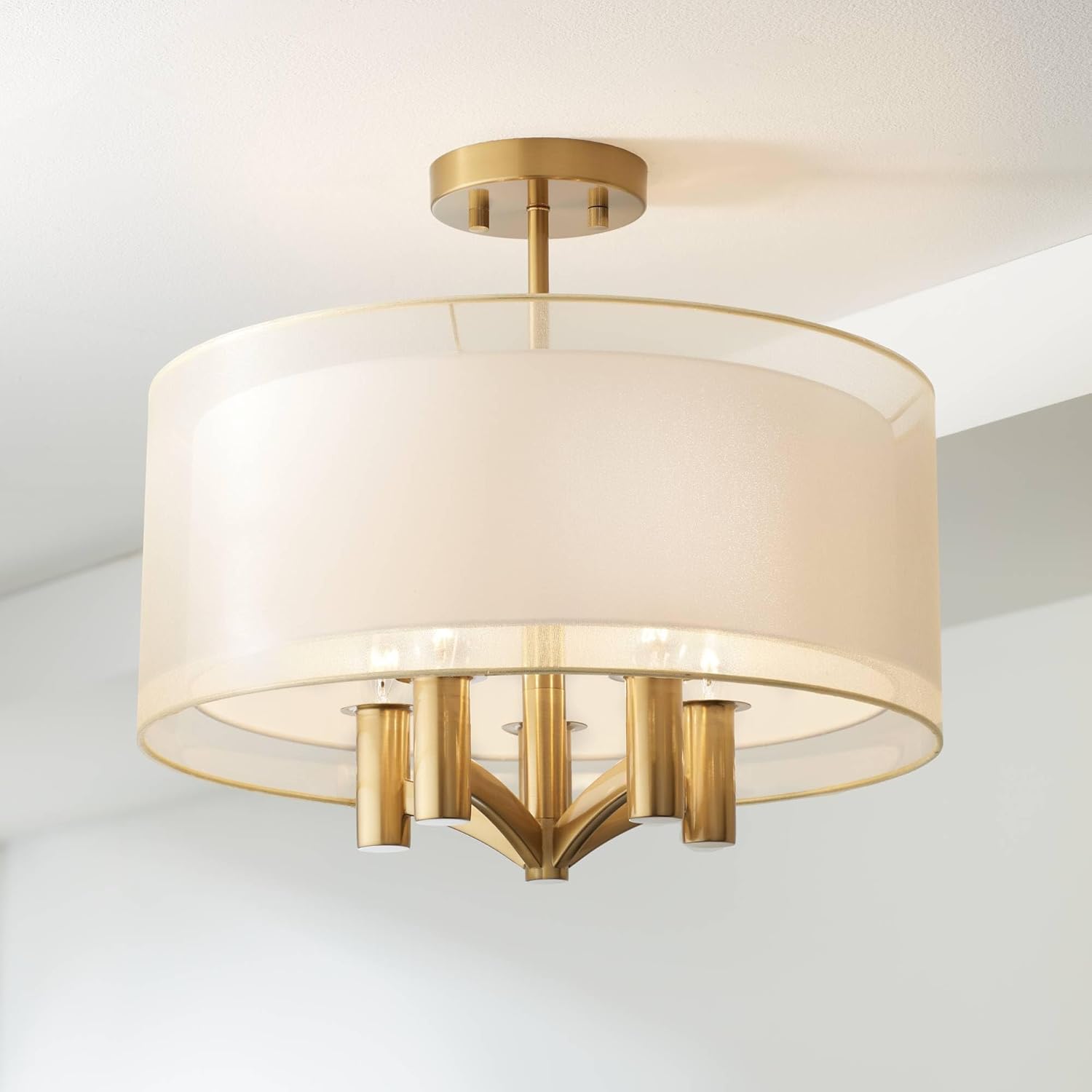 Warm Brass and White Drum Shade Semi Flush Mount Ceiling Light