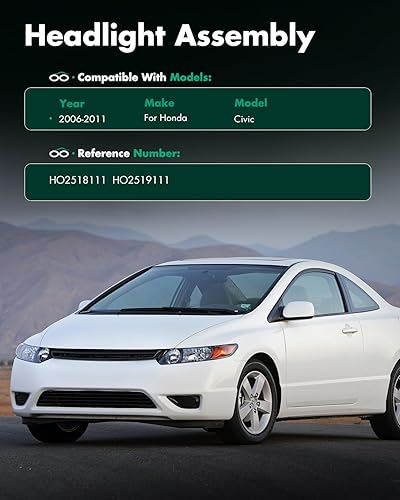 Miniatura 5 de SCITOO Faros delanteros para Honda Civic 2 puertas Coupé 2006-2011 faros negros carcasa ámbar reflector lente transparente lado conductor y pasajero