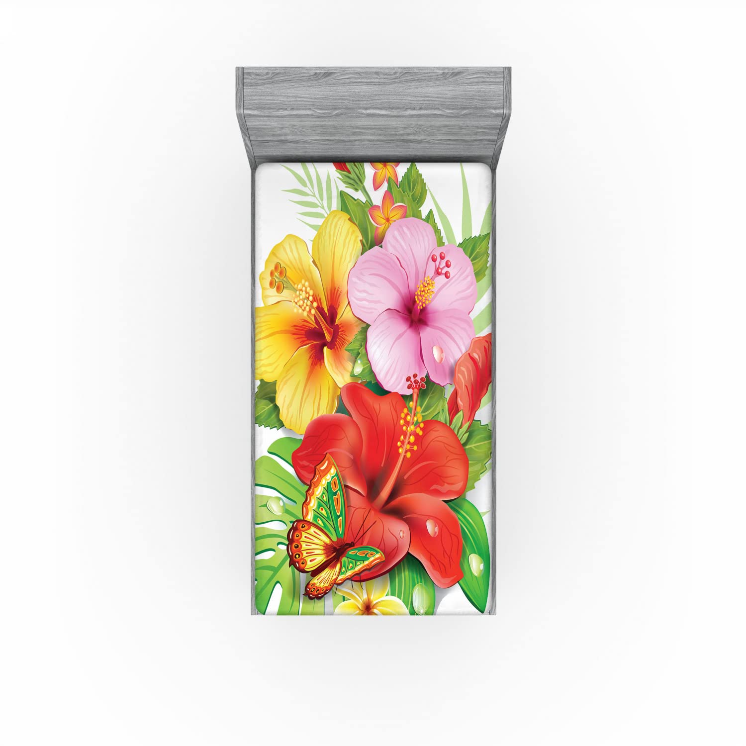 Ambesonne Hawaiian 2 Pack Fitted Sheet, Colorful Hibiscus Blooming, Bed Cover All-Round Elastic Deep Pockets 2 Pieces, Package Contains 2 Twin Size Fitted Sheets, Pink Yellow